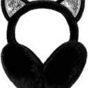 fauson Ear Muffs for Winter Women - Foldable Cat Ear Earmuffs for Women Faux Rabbit Fur Valentines Day Gifts for Her (Black)