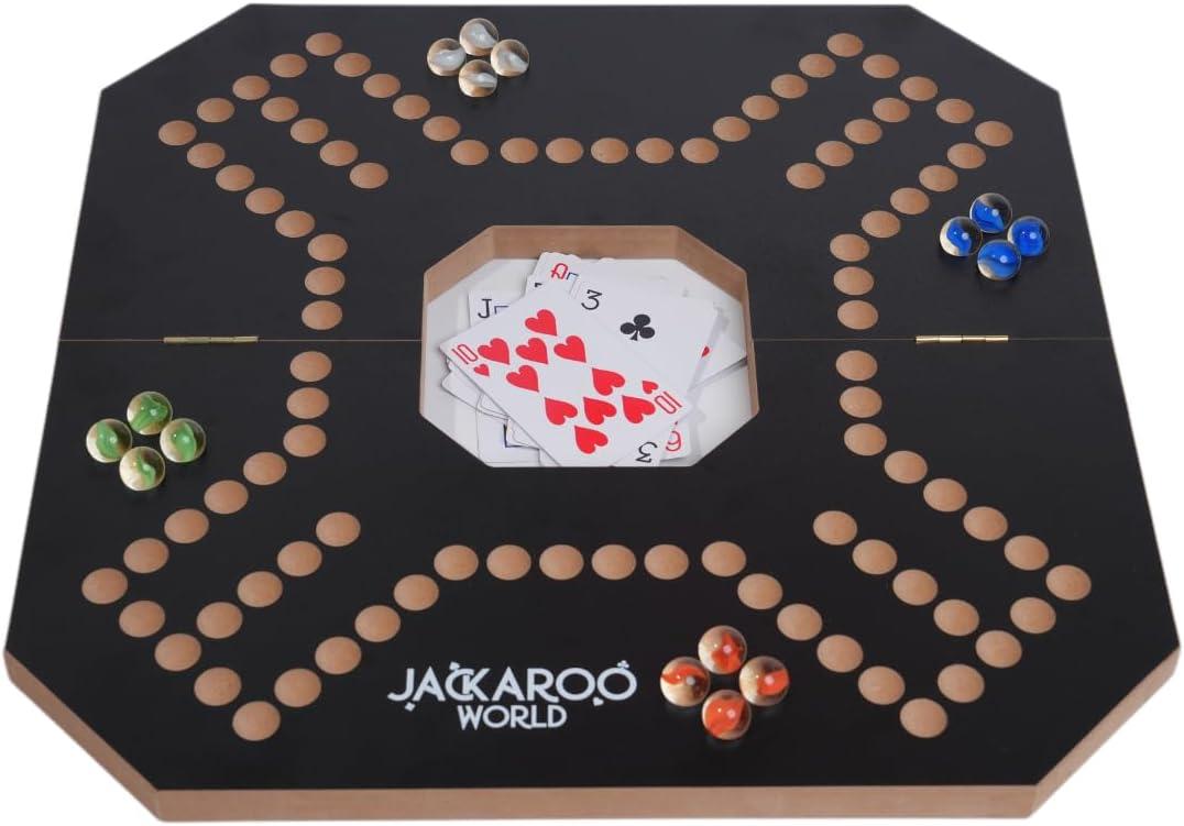 Jackaroo Board Game, 2-4 Player Cards and Marbles Board Game, Solid Wooden Game with 16 Glass Marbles and 52 Cards, Marble Strategy Game, Jokers and Marbles Game, Foldable Board with Carry Bag (Black)