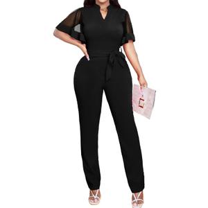 Oxgmoky Women's Jumpsuits Elegant Business V Neck Zipper Long Sleeve Sexy Strap Straight Long Pants Rompers With Pockets, XXL