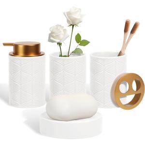 Kukikan Ceramic Bathroom Accessories Set, 4 Pcs-Includes Lotion Soap Dispenser, Toothbrush Holder, Vanity Tray, and Tumbler, Modern Bathroom Decor Organizer with Soap Dish, Apothecary Jar, White Color