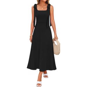 ZESICA Womens Summer Casual Sweater Midi Dress 2026 Sleeveless Square Neck Bow Straps Knit A Line Vacation Long Dresses S