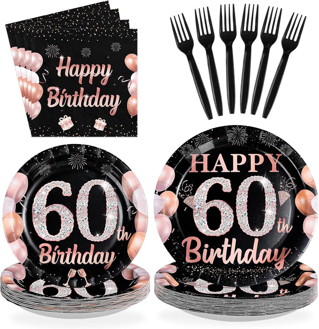 96Pcs 60th Birthday Decorations for Men Women Black and Rose Gold 60th Plates and Napkins Disposable Rose Gold 60 Happy Birthday Tableware Set for Women 60 Years Old Party Supplies, Serves 24