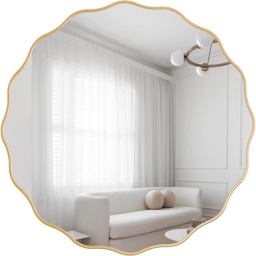 Gold Scalloped Circle Mirror 24" Wavy Edge Round Wall Mirror for Bathroom Modern Hanging Leaning Wood Frame Vanity Mirror Decorative for Bedroom Living Room Entryway
