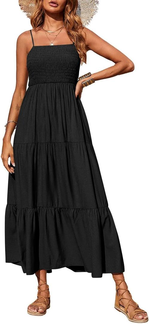 PRETTYGARDEN Women's Summer Maxi Dress 2025 Casual Boho Sleeveless Spaghetti Strap Smocked Tiered Long Beach Sundresses (Black,S)