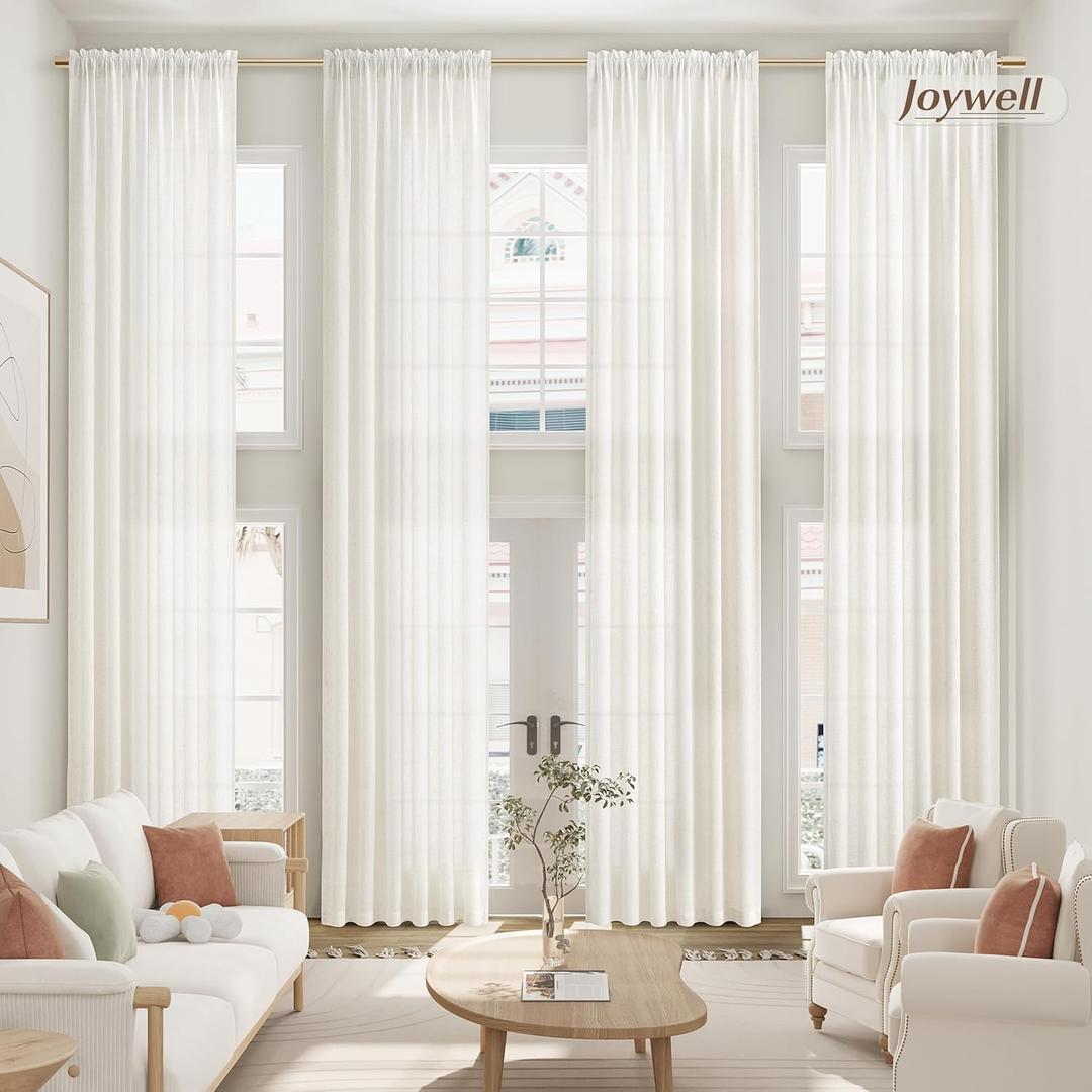 Joywell Extra Long Linen Sheer Curtains 132 Inches Length Long for High Tall Ceiling Living Room,Rod Pocket Light Filtering Drapes for 2 Story Large Window Bedroom,W52 x L132,Natural Beige,1 Panel