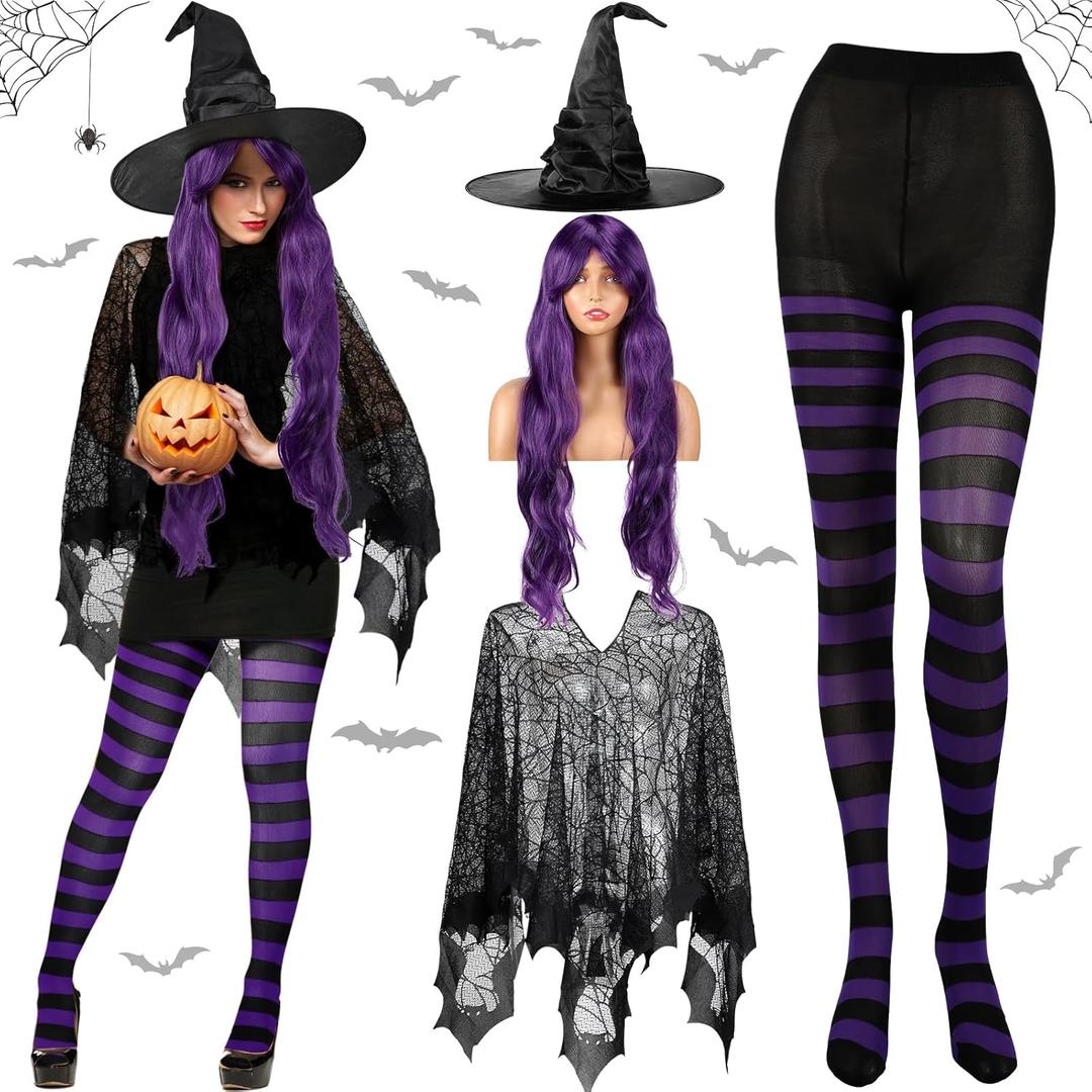 Liitrsh 4 Pcs Women Halloween Witch Cosplay Costume Accessory Black Enchanted Web Poncho Witch Hat Purple Wig Striped Tights