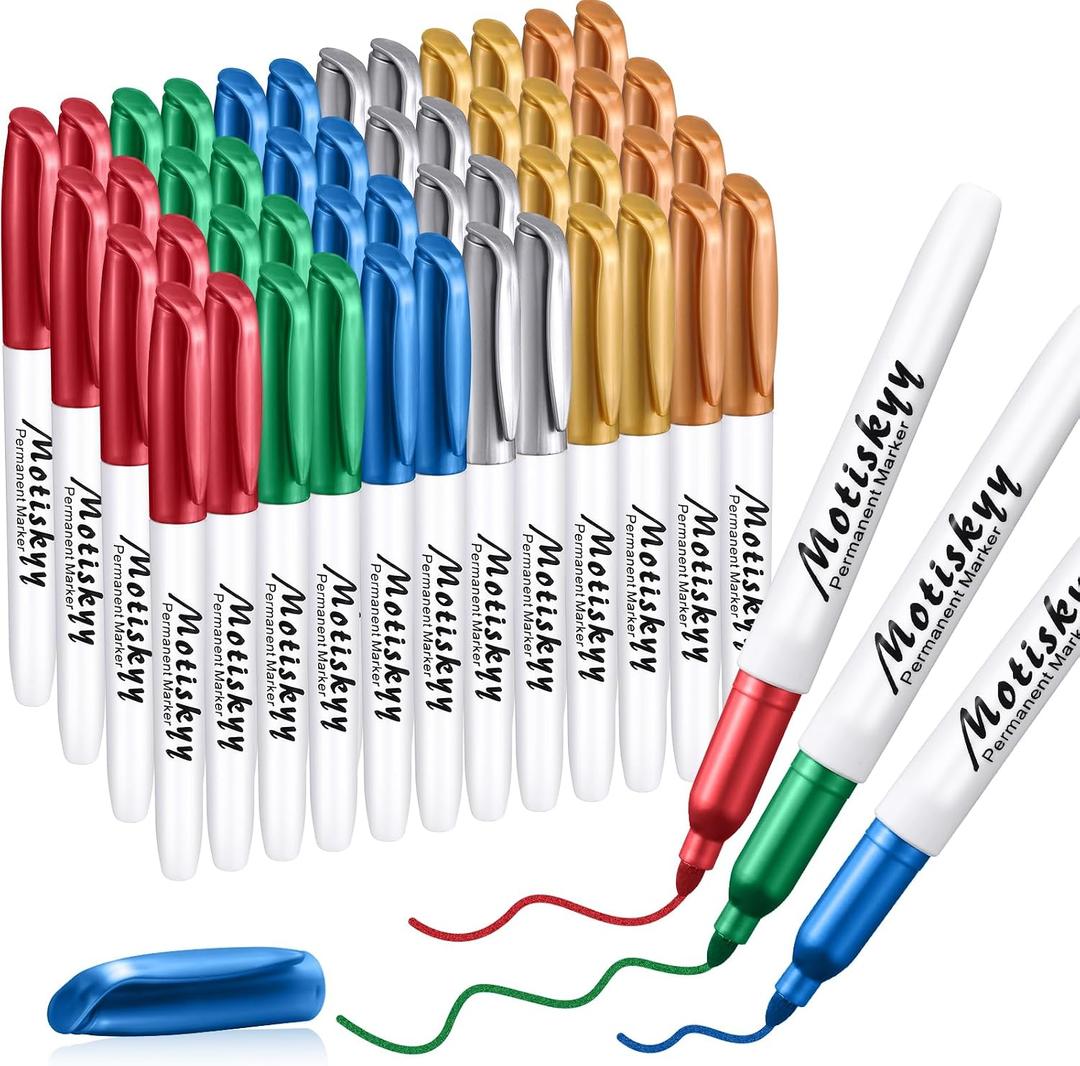 Motiskyy 48 Pcs Metallic Permanent Markers Bulk Metallic Marker Pens Medium Tip Quick Dry Paint Pen for DIY Crafts Artist Illustration Gift Card Making(Colorful)