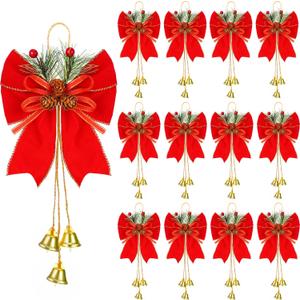 12 Pcs Christmas Bows with Pine Cones, Wreath Ornaments, Bell Tree Toppers for Xmas Party Decoration, Kitchen Cabinet (Red)
