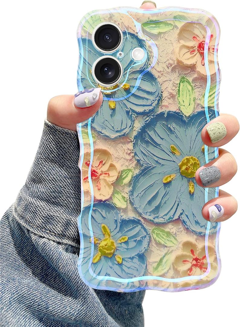 Jusy Case for iPhone 17, Colorful Retro Oil Painting Printed Flower Laser Blue Glossy Pattern Cute Curly Wave Phone Case Soft TPU Cover for Girly Women -Blue