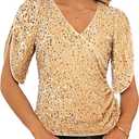 GRACE KARIN Womens 3/4 Length Sleeve Sequin Tops V Neck Velvet Ruched Blouses 2025 Glitter Trendy Party Outfit Gold L