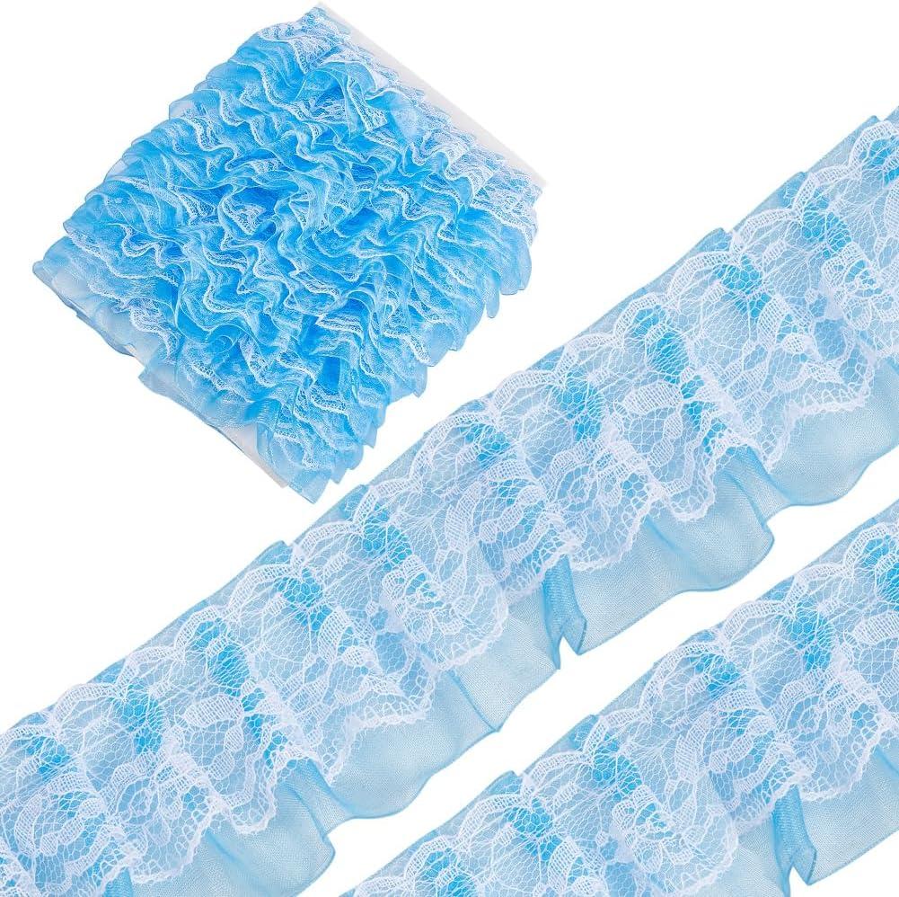 GORGECRAFT 10m Double Layer Pleated Organza Lace Edge Trim 5cm Wide Gathered Voile Mesh Chiffon Tulle Fabric Ruffles Lace Ribbon for Sewing Crafts Wedding Dress Party Accessories Decor Clothes Blue (Deep Sky Blue)