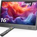 Desobry 16" Small Smart TV, LCD Small Kitchen TV with WiFi | Bulit-in 180°Adjustable Stand/ATSC Tuner/HDMI/USB/AV for Camping, Bedroom, RV, Patio, Indoor & Outdoor Use