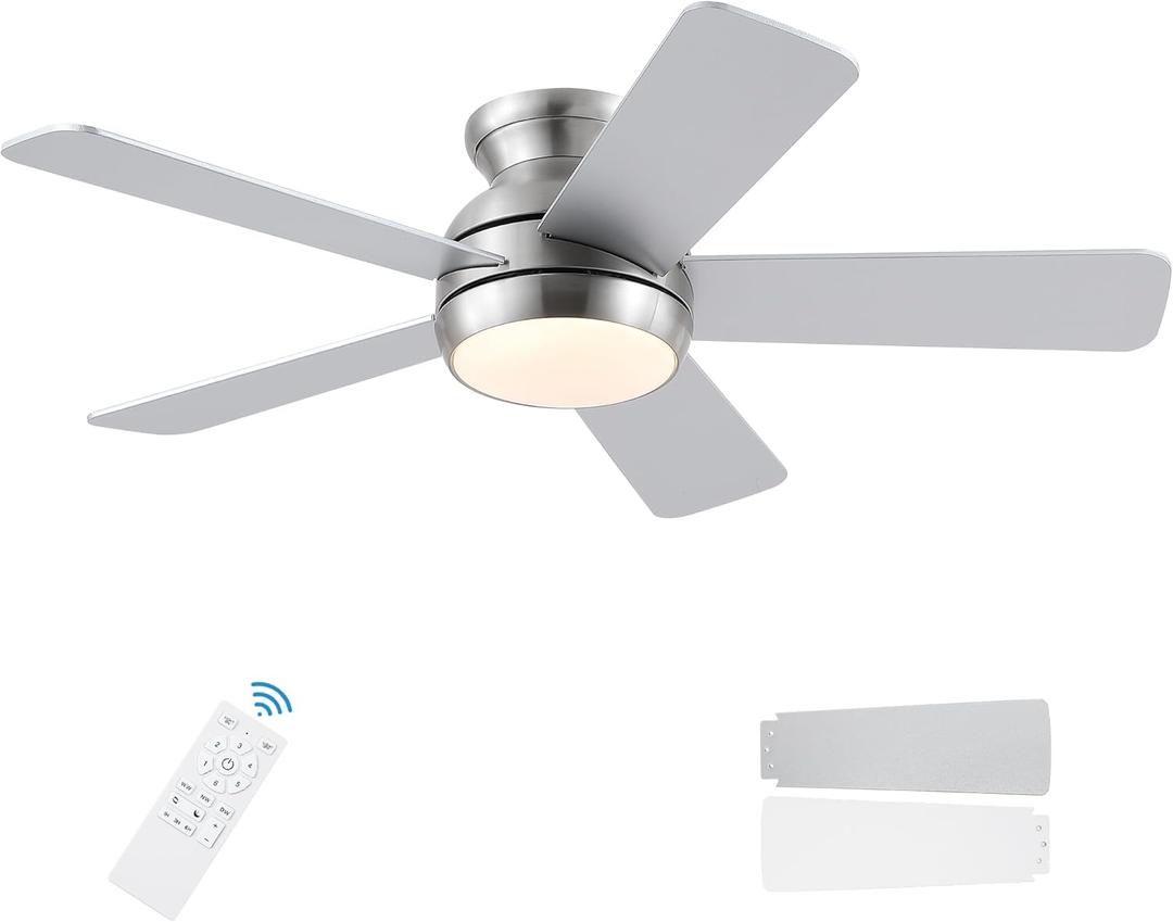42 Inch Brushed Nickel Ceiling Fans with Lights and Remote, LED Low Profile Flush Mount Ceiling Fan for Bedroom, Living Room, Patio, Quiet DC Motor, 5 Blades