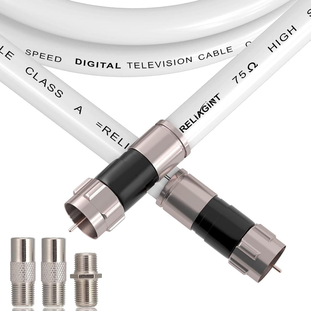50ft White RG6 Coaxial Cable with F Connector, F81 Female Extension Adapter, Low Loss High-Speed Coax Cable Cord Extender for HD TV, Dish, Satellite, Antenna 50'