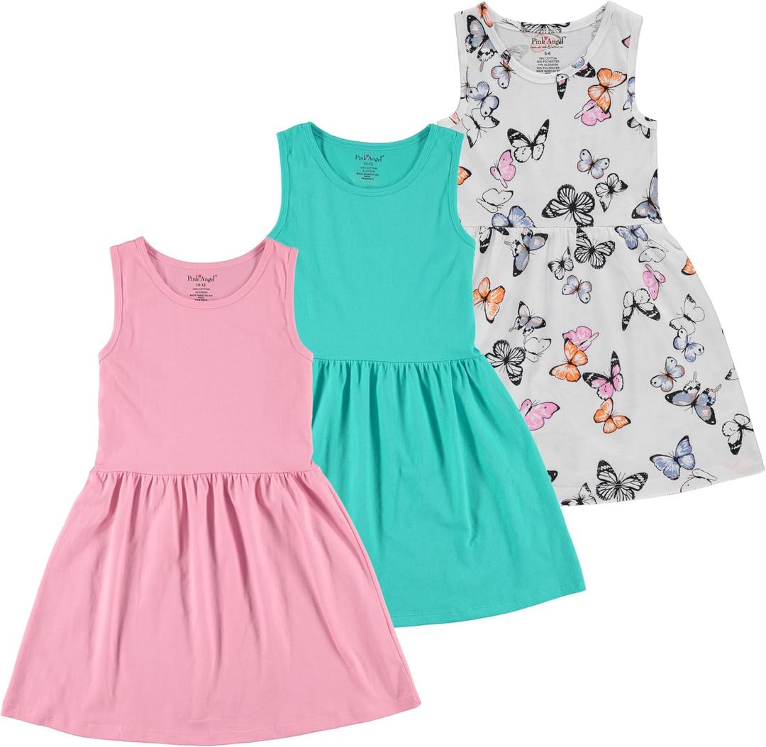 Pink Angel 3-Pack Girls' Dresses, Kids Casual Fit and Flare Sleeveless Summer Dress & School Outfit, 100% Cotton 7-8 