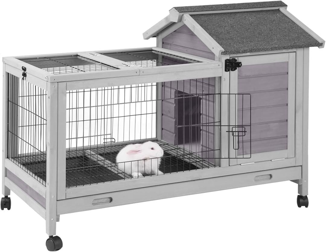 Wooden Rabbit Hutch Indoor and Outdoor, Rabbit Cage with Removable Wire Netting and Leak Proof Tray, Mobile Bunny Cage with Wheels (Grey) 
Dog Breed Size	Small