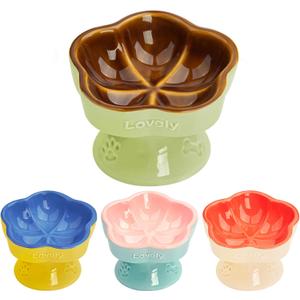 S&Q's CERAMICS Raised Cat Bowl, Elevated Cat Bowl for Food and Water, Ceramic Titled Dish, Anti Vomit & Whisker Friendly, Microwave and Dishwasher Safe (Brown, 5.8")