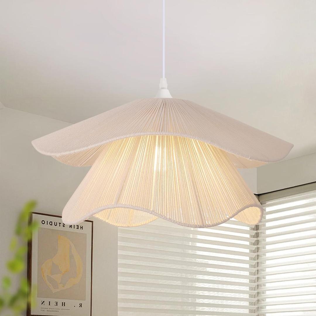 Littleglovo 19.6" Pendant Lights Kitchen Island, Boho Hand Woven Cotton Rope Hanging Light Fixture, 1-Light White Coastal Chandelier for Dining Room, Bedroom, Living Room, Entryway, Foyer