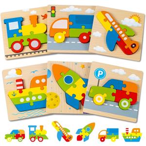 Wooden Vehicle Puzzles Toy Gift for 1, 2, 3 Years Old Boys Girls, Toddler Best Birthday Gift with 6 Vehicle Baby Montessori Color Shapes Learning Puzzles - Kids Educational Developmental Toys