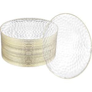R-kay 100 Pack 7 Inch Clear Plastic Plates - Hammered Gold Rimmed Sturdy, Durable And Extra Heavy duty Gold Plastic Dessert, Appetizer Plates Disposable For All Occasions