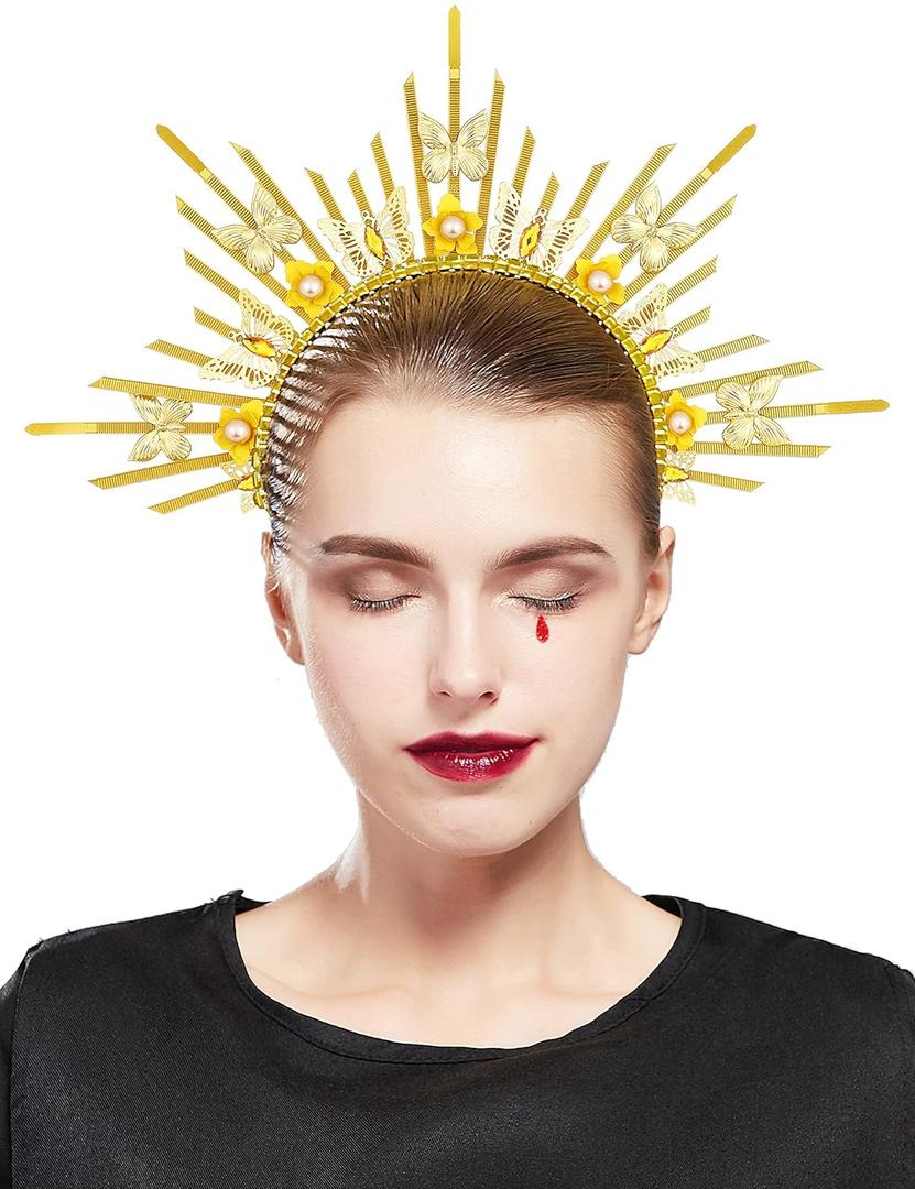 Fantherin Mary Halo Crown Headband Spiked Zip Tie Halo Crown Sunburst Goddess Headpiece with Butterfly (Style 3-Gold)