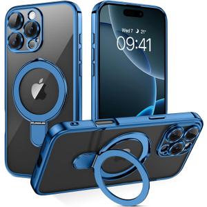 GUAGUA for iPhone 16 Pro Max Case with Stand, Magnetic Clear Cases Plating Edge Invisible Ring Holder Slim Shockproof Protective Kickstand Phone Case for iPhone 16 Pro Max 6.9 inch, Blue
