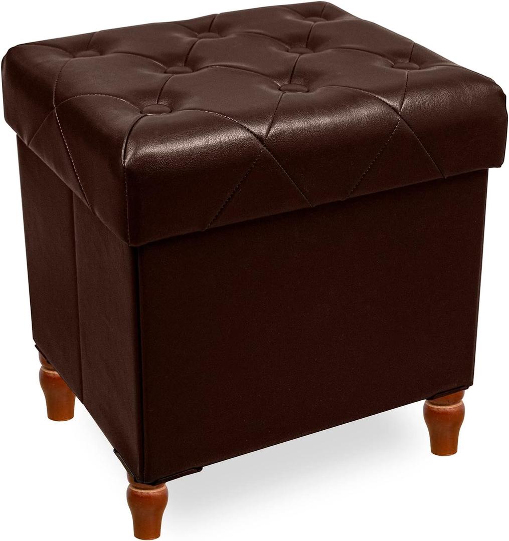 CAROLMADE Folding Storage Ottoman Cube PU Leather Footstool with Wood Legs Ottoman Footrest for Living Room and Bedroom Brown, 15x12.6 x 15.4