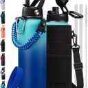 Insulated Water Bottle 40oz - with Straw & Auto Spout Lid, Paracord Handle, Shoulder Carrier Bag,40 oz Water Jug Great for Sport Travel Gym Hiking Biking (Green Blue)