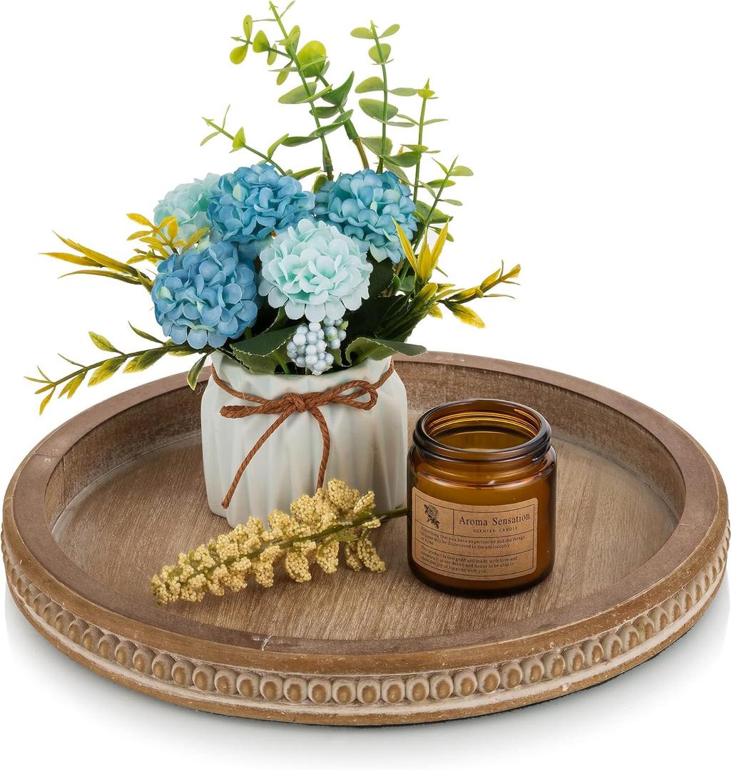 Hanobe Decorative Coffee Table Tray: Modern Farmhouse Beaded Round Tray Decor Rich Dark Brown Circle Wooden Ottoman Serving Platter for Centerpieces Kitchen Counter Bathroom (11.8", Vintage Brown)