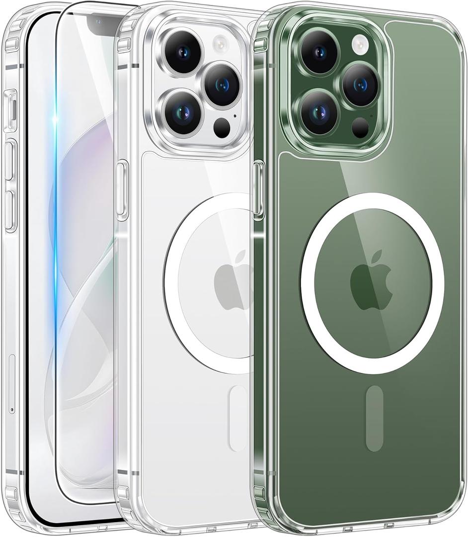 FNTCASE for iPhone 13 Pro Case: Clear Magnetic Phone Cases with Screen Protector Compatible with Magsafe Slim Anti Yellowing Rugged Shockproof Protective Transparent Cell Phone Cover (A-Clear)