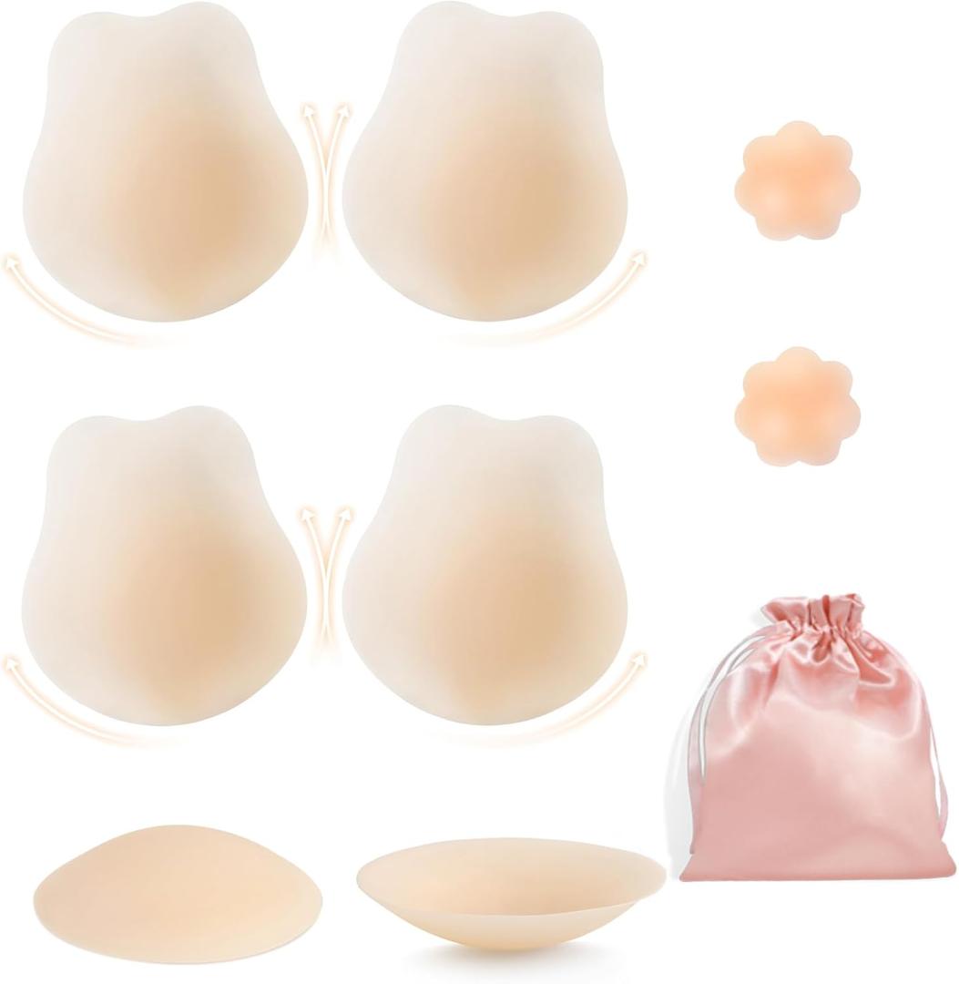 Sticky Bras Push Up Invisible Adhesive Bra, Reusable Silicone Backless Strapless Bra with Nipple Covers ((X-Large) D, Style B-beige)