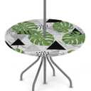 Outdoor Round Fitted Tablecloth - Elastic Edge Circular Table Cloth with Umbrella Hole & Hidden Zipper - Palm Leaf Geometric Waterproof Tablecover Fits 45"-56" Tables for Patio, Picnic, Dinner Decor