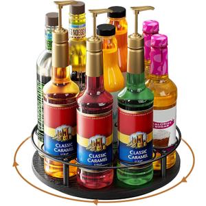 Nuovoware 9 Bottles Rotating Coffee Syrup Rack, Syrup Rack Organizer Carbon Steel Frame with Wooden Base Bottle Holder for Coffee Flavored Syrups Table Top Thermos Liquor, Black+Black