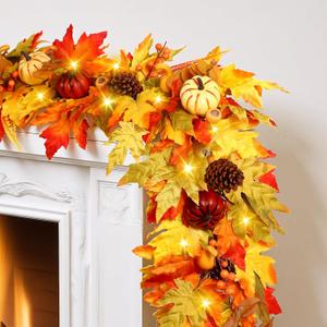 SHareconn 6ft Fall Garland with Lights for Mantle, Autumn Leaves Pre-lit Garland with Colorful Pumpkins, Thanksgiving Christmas Decorations for Centerpiece Door Window Home Indoor Outdoor, 6 FT