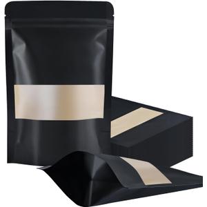 FireKylin 100 Pcs Resealable Bags, 4.7" x 7.9" Stand Up Black Paper Bags with Matte Window, Zipper Food Storage Bags for Packaging Products, Reusable, Sealable