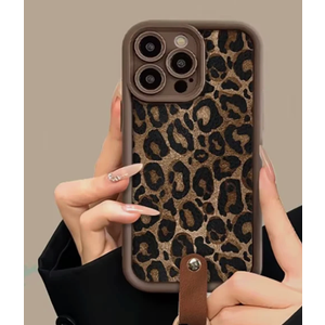 Silicone Case for iPhone 16 Pro with Finger Hand Wrist Strap Kickstand Stylish Leopard Cheetah Phone Case for Women Men Slim Shockproof Protective Cover, Brown