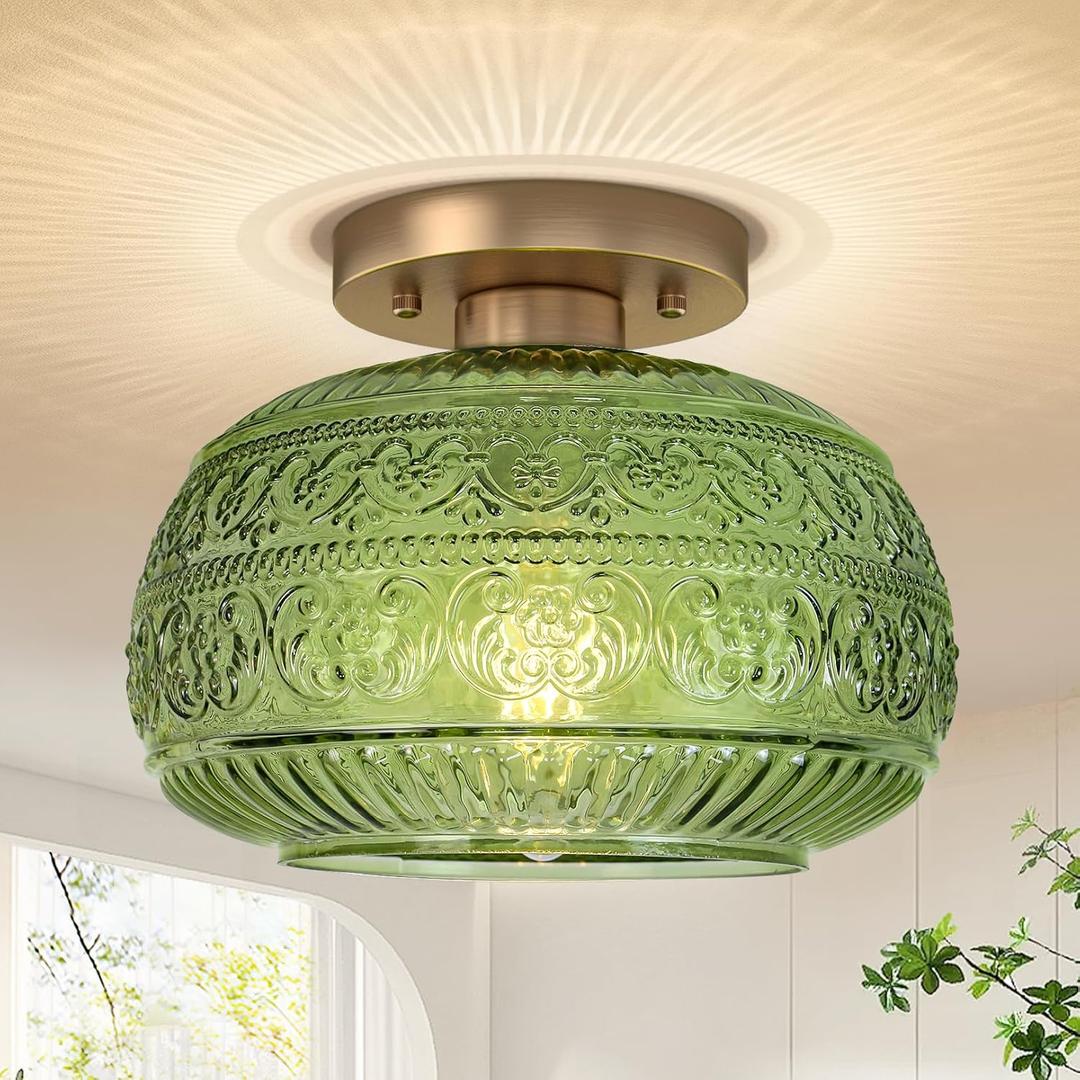 Semi Flush Mount Ceiling Light, 9" Green Glass Gold Fixture, Modern Close to Ceiling Light for Kitchen Hallway Bedroom, E26 Base,Bulb NOT Included