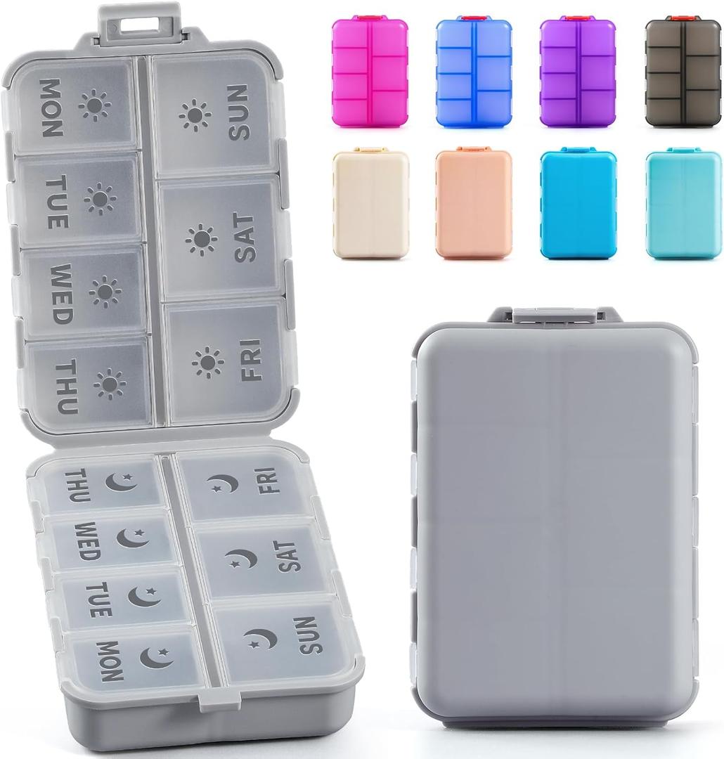 NEW Foldable & Double Protection Portable Weekly Pill Organizer 2 Times A Day with Etched Labels, AM PM 7 Day Week Medicine Box, Daily Travel Pill Case Holder Dispenser for Vitamin, Supplement - Grey