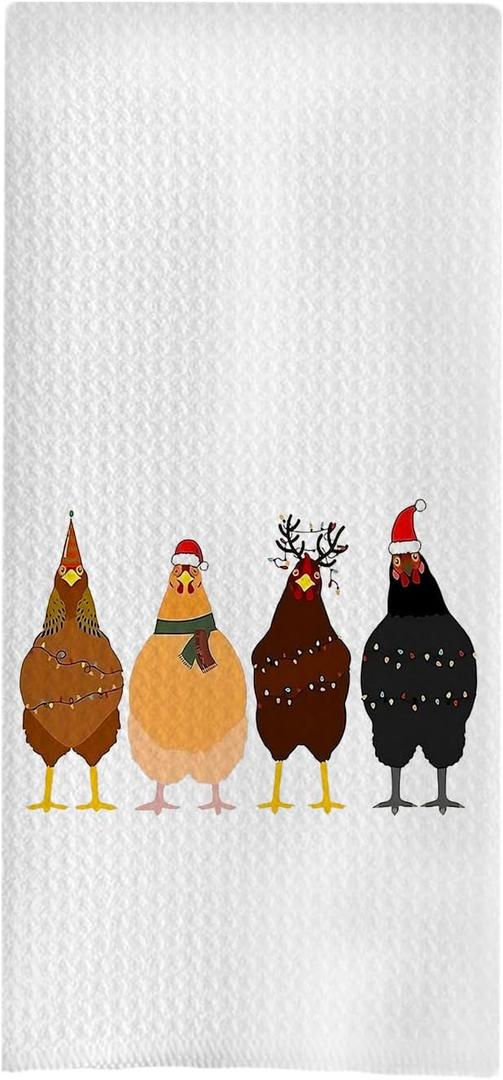 Chicken Christmas Kitchen Towels - Funny Waffle Decorative Dish Towels, Christmas Tea Hand Towels, Farmhouse Decor, 16x24 Inches (Chichen-01)
