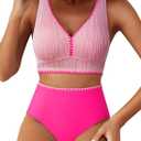 Herseas High Waisted Bikini Sets for Women - Textured Whip Stitch 2 Piece Swimsuit Bestselling Summer Beach Bathing Suit (Large, Pink)