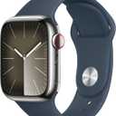 Apple Watch Series 9 [GPS + Cellular 41mm] Smartwatch with Silver Stainless Steel Case with Storm Blue Sport Band S/M. Fitness Tracker, Blood Oxygen & ECG Apps, Always-On Retina Display