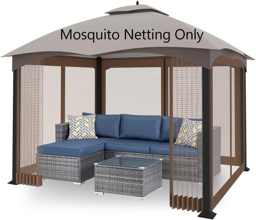 10'x10' Gazebo Replacement Mosquito Netting 4-Panel Patio Screen Walls with Zipper (Brown)