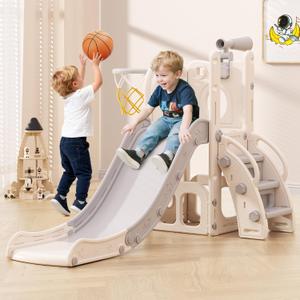 Babytronic Toddler Slide, 6 in 1 Kids Indoor Slide for Toddlers 1-3, Baby Indoor and Outdoor Climber Playset, Kids Slide with Basketball Hoop and Telescope, Toddler Outdoor Playground(White&Gray)