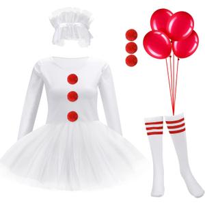 Halloween Clown Costume for Women Tutu Skirt Ruffle Collar Stripes Thin Tube Socks Faux Rabbit Fur Balls Red Latex Balloons (Medium, White)