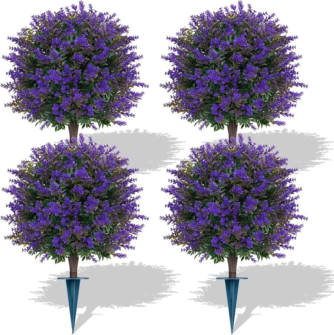Grooy 4 Pack Artificial Lavender Topiary Balls with Ground Spikes