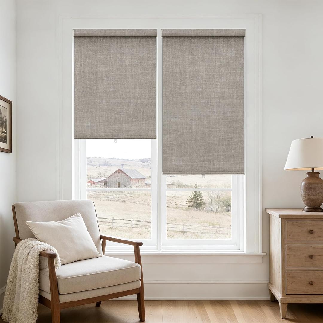 Cordless Blackout Shades for Door Bay Windows Free-Stop UV Protection 100% Black Out Linen Roller Shades Blinds for Indoor Bedroom Bathroom Living Dining Room, Greyish Beige Burlywood Birch W23xH72