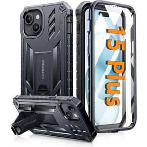 FNTCASE for iPhone 15 Plus Case: for iPhone 14 Plus Case Military Grade Rugged Cell Phone Cover with Kickstand | Shockproof TPU Protection Bumper Matte Textured Design 6.7 inches (Black)