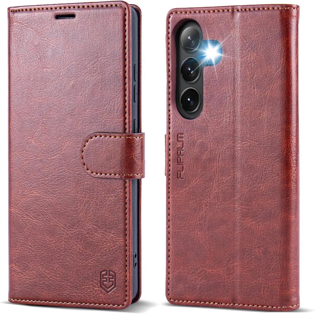 FLIPALM Wallet Case for Samsung Galaxy S25 5G, RFID Blocking Credit Card Holder, PU Leather Folio Flip Kickstand Protective Shockproof Cover for Galaxy S25 (Brown)