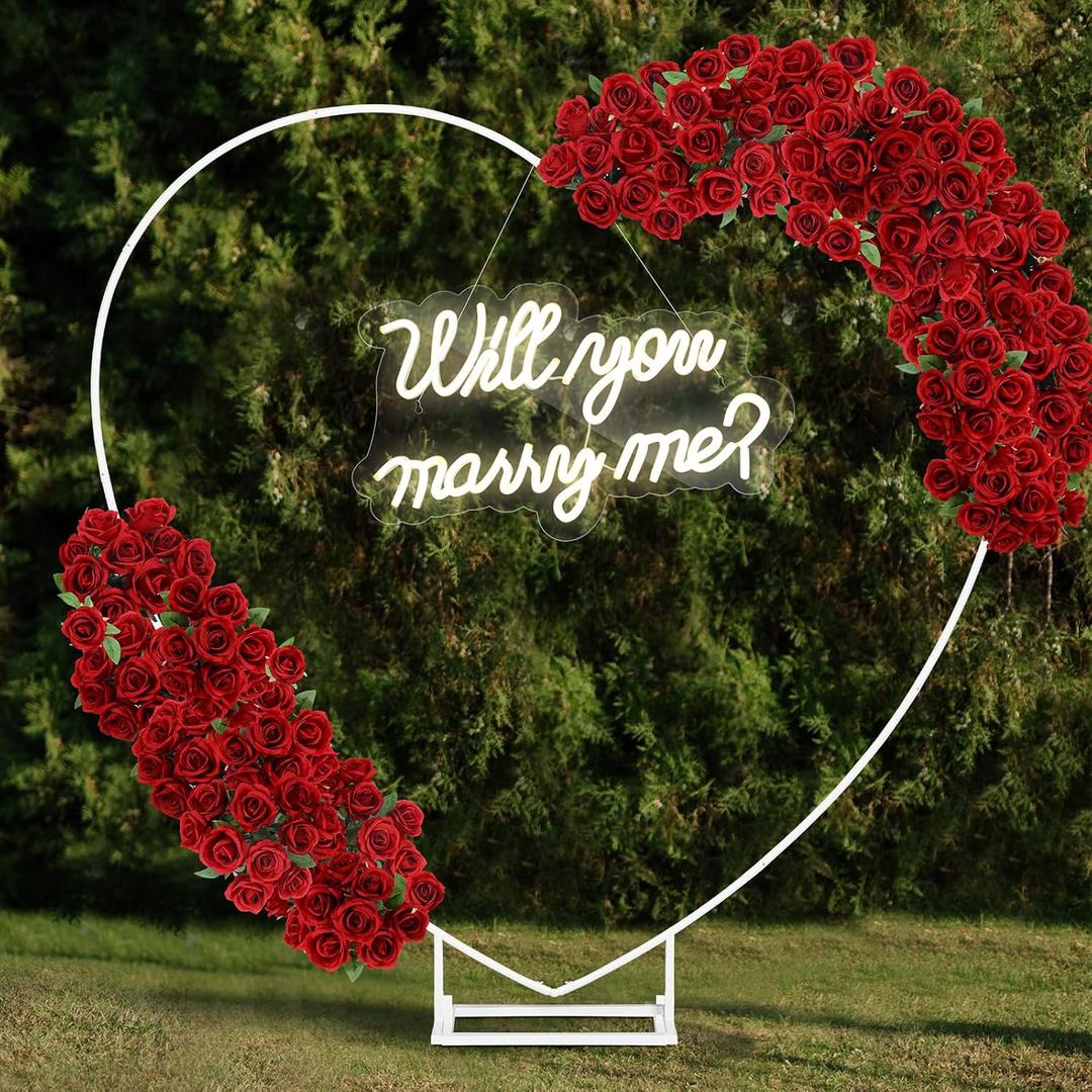 VIHOSE 6.6ft Large Metal Heart Arch Stand and Will You Marry Me LED Neon Light Sign Wedding Hanging Wall Decor for Proposal, Bridal, Engagement and Birthday Party(White)