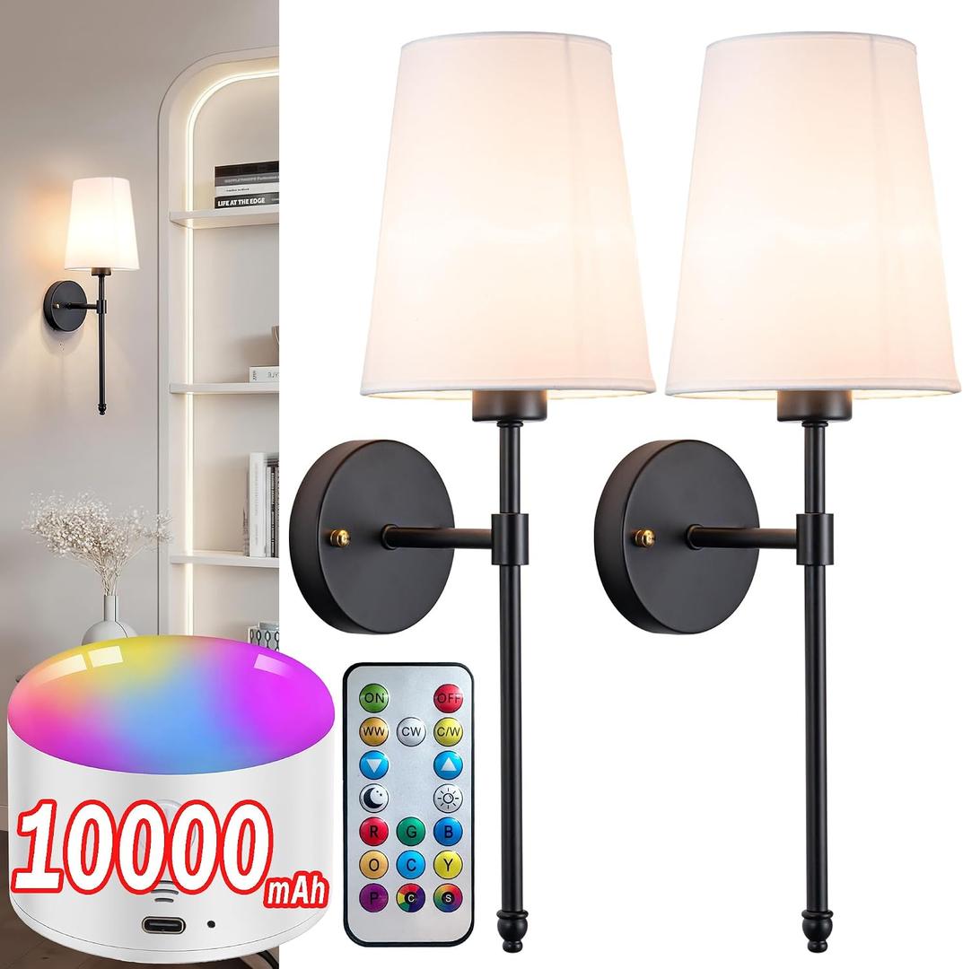 YHCDLAMP Battery Operated Wall Sconce Light with Remote Control, Dimmable Wall Sconce Set of 2 with White Fabric Shade, Wireless Battery Operated Wall Lamp for Bedroom Living Room, Bulb Included